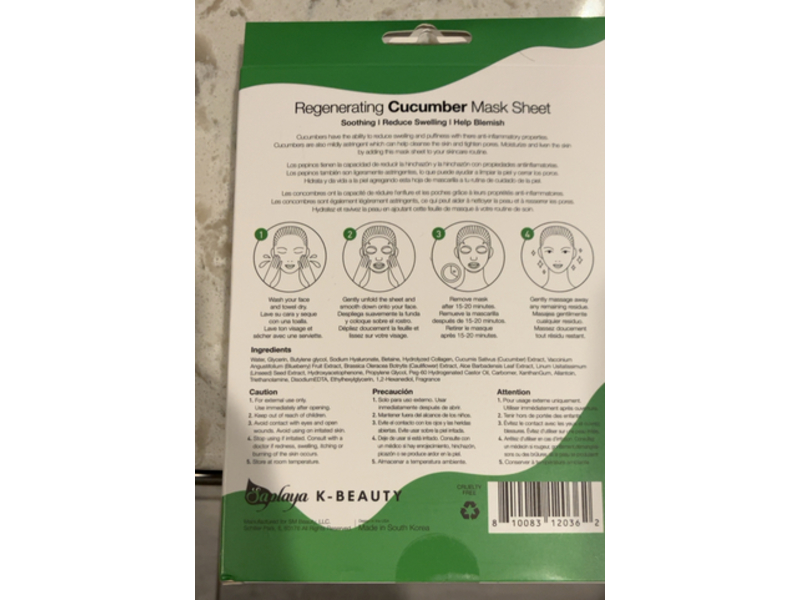 Saplaya Regenerating Facial Mask, Cucumber, 6 Pack