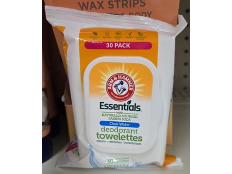 Arm & Hammer Essentials Deodorant Towelettes, Clean Water, 30 Count