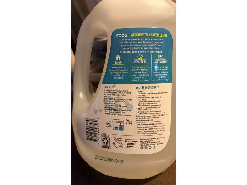 ECOS Plant Powered Laundry Detergent, Lemongrass, 50 Loads