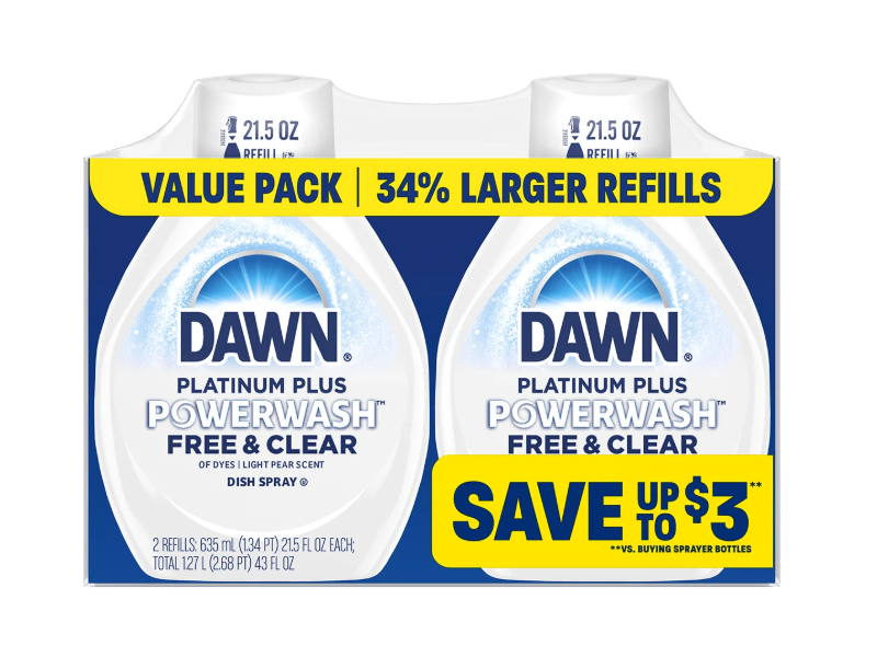 Dawn Platinum Plus Powerwash Dish Spray Refill Twin Pack, Free & Clear, Light Pear Scent, 21.5 fl oz/635 mL