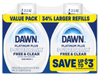 Dawn Platinum Plus Powerwash Dish Spray Refill Twin Pack, Free & Clear, Light Pear Scent, 21.5 fl oz/635 mL - thumbnail 1