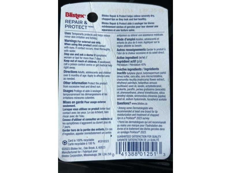 Blistex Repair & Protect Lip Protectant Petrolatum Stick, 3.69 g