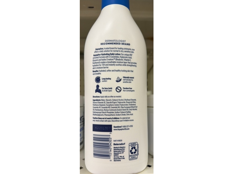 Aquaphor Hydrating Daily Lotion, Hyaluronic Acid, 16 fl oz/473 mL