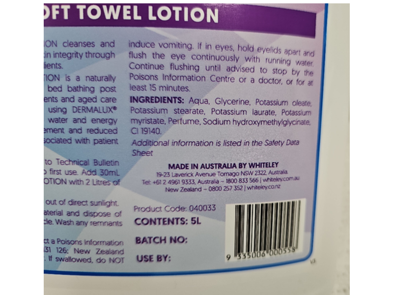 Whiteley Dermalux Soft Towel Lotion, 5L