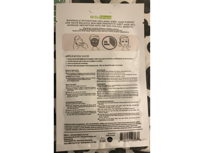 Bio Miracle Detox Collagen Face Mask, Charcoal & Seaweed, 20 g, Pack Of 10