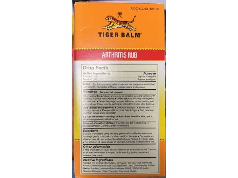 Tiger Balm Arthritis Rub Pain Relieving Cream, Alcohol Free, 4 fl oz/113 mL