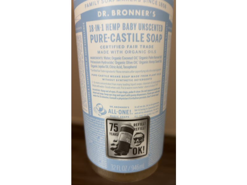 Dr.Bronner's 18-In-1 Hemp Baby Pure-Castile Soap, Organic Oils, 32 fl oz/946 mL, Pack Of 2