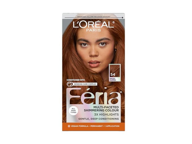 Loreal Paris Feria Multi-Faceted Shimmering Permanent Hair Color Kit, 54 Spiced Copper, 1 Application