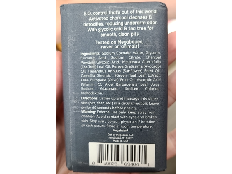 Megababe Space Bar Underarm Bar Soap, Detoxifying Charcoal, 3.5 oz/99 g