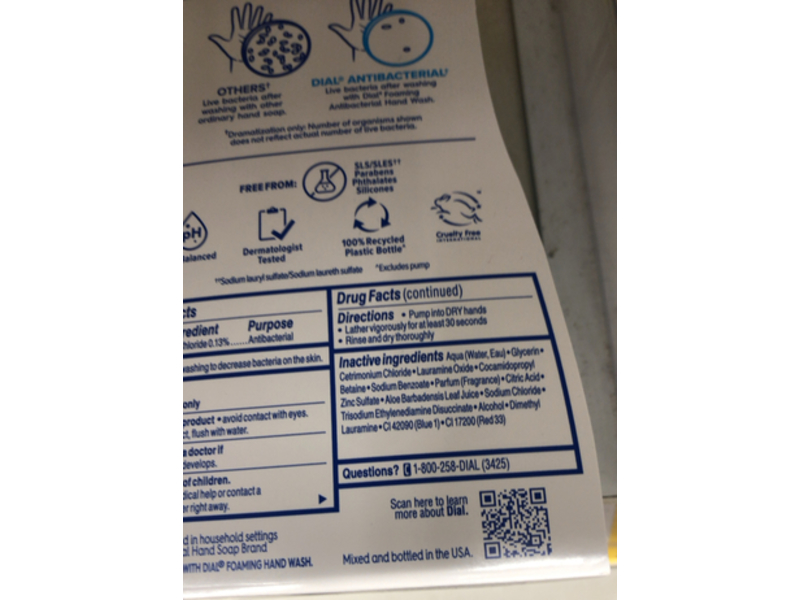 Dial Foaming Antibacterial Defense Hand Wash, Spring Water, 10 fl oz/296 mL