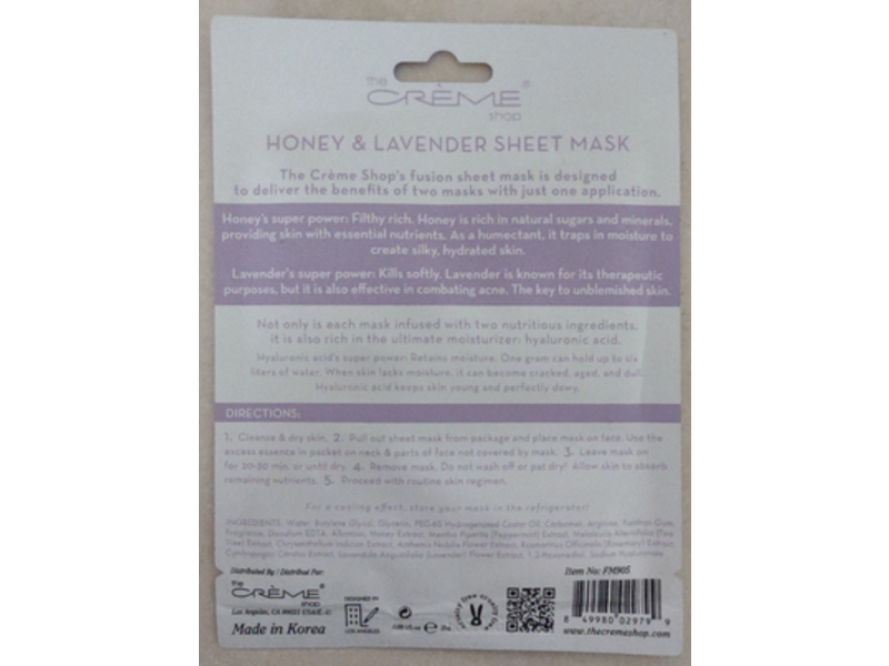 The Creme Shop 2 In 1 Fusion Sheet Mask, Honey & Lavender, 1 Count