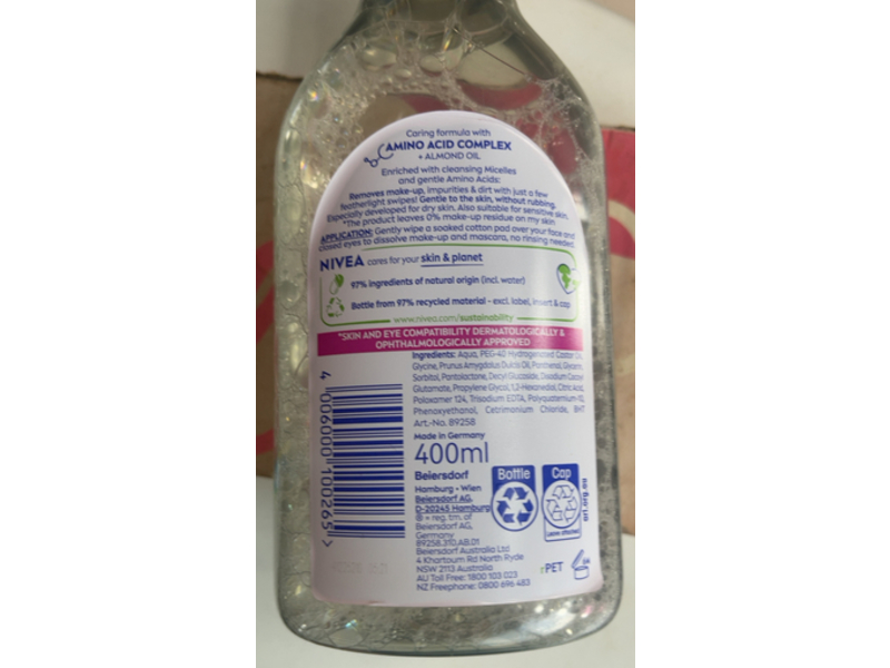 Nivea Caring Micellar Water Cleansers, Amino Acid Complex + Almond Oil, 400 mL