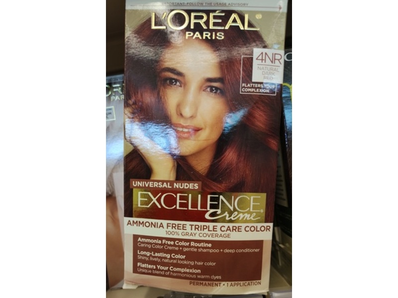 Loréal Paris Excellence Universal Nudes Permanent Triple Care Color, 4NR Natural Dark Red, 1 Application