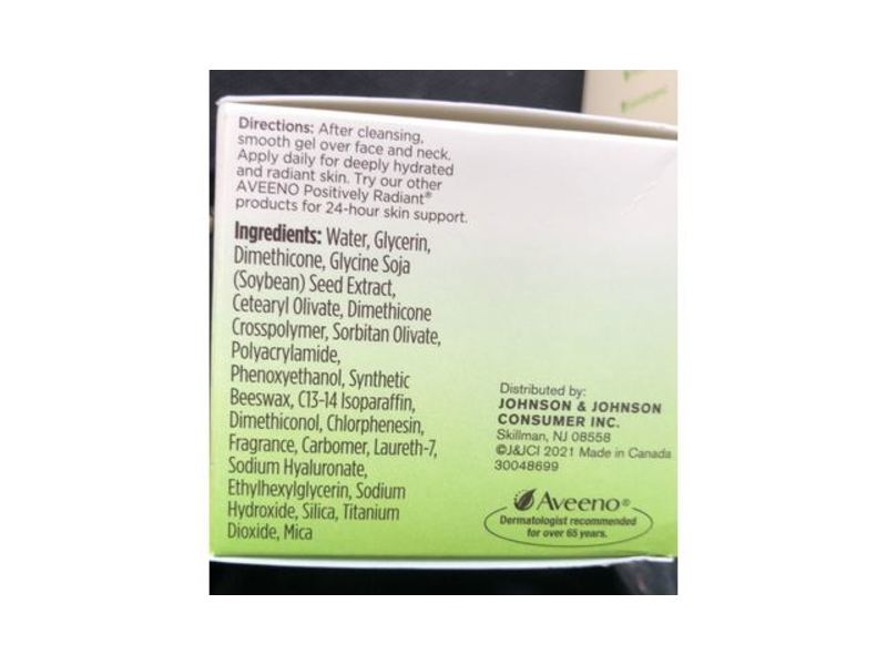 Aveeno Positively Radiant Gel Moisturizer, Hyaluronic Acid, 1.7 oz/48 g