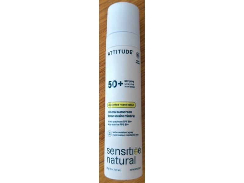 Attitude Sensitive Natural Mineral Sunscreen Spray, Unscented, SPF 50+, 3 oz/85 g
