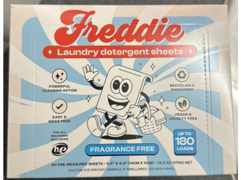 Freddie Laundry Detergent Sheets, Fragrance Free, 180 Loads, 13.3 oz/378 g, 90 Count