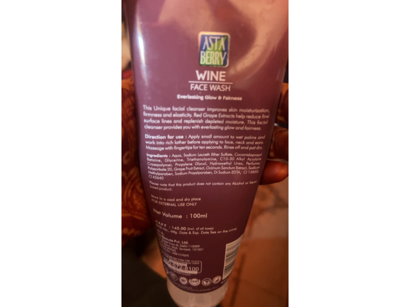 Astaberry Wine Face Wash, Red Grapes & Basil Extracts, 3.38 fl oz/100 mL, Pack Of 2