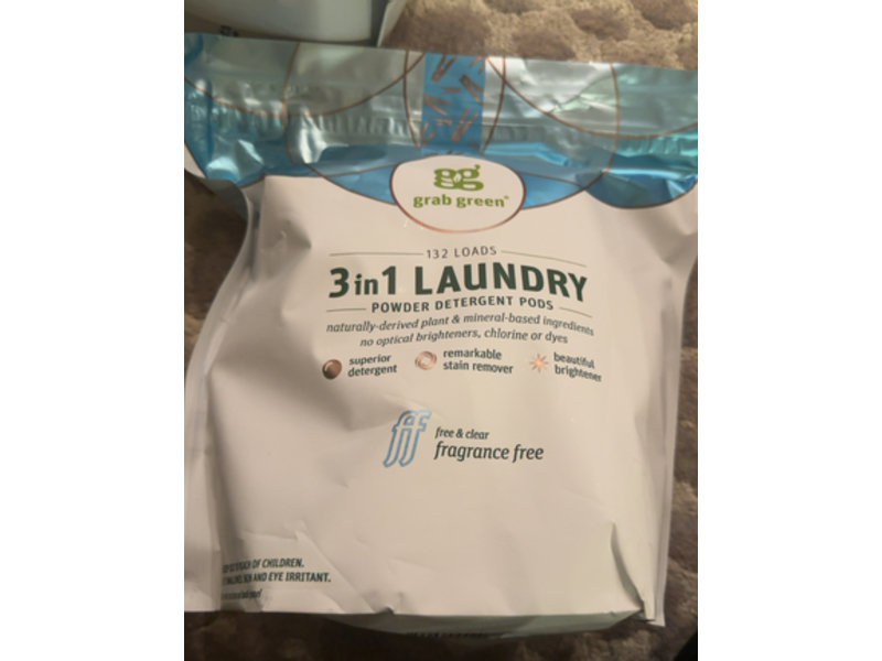 Grab Green 3 In 1 Laundry Powder Detergent Pods, Fragrance Free, 132 Count