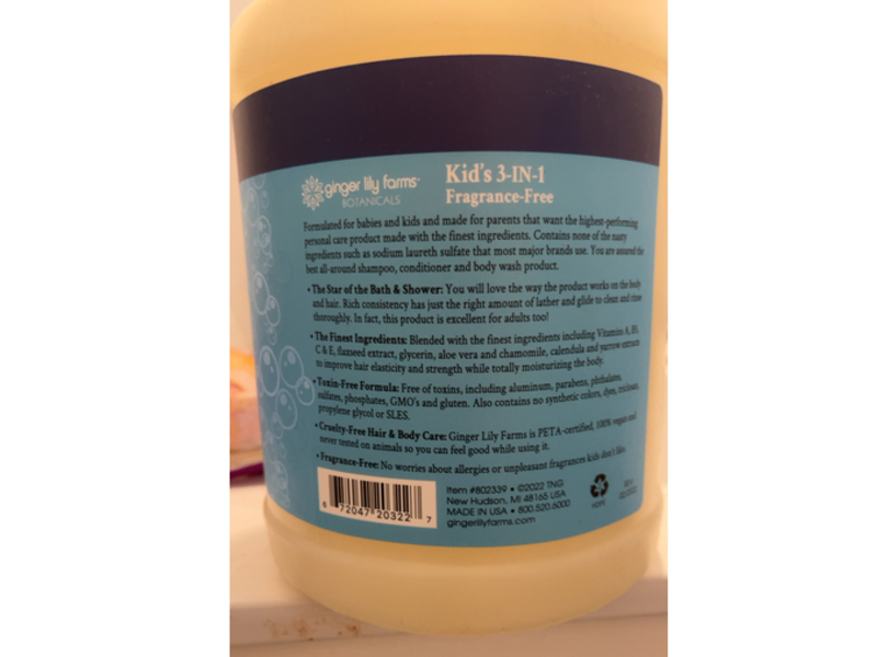 Ginger Lily Farms Botanicals Kid's 3-In-1 Shampoo, Conditioner & Body Wash, 128 fl oz/3.78 L