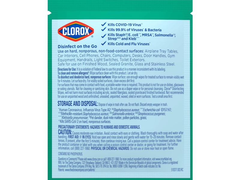 Clorox Disinfecting Wipes To Go, 6.1 oz/175 g, Pack Of 100