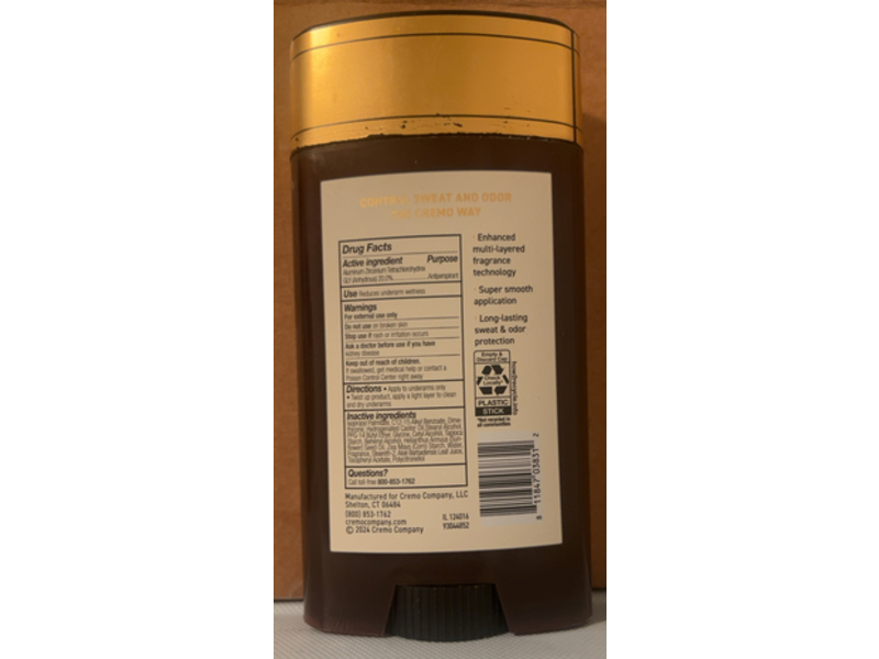 Cremo Italian Bergamot Antiperspirant & Deodorant, Italian Bergamot + Neroli Blossom & Fresh Vetiver, 2.65 oz/75 g