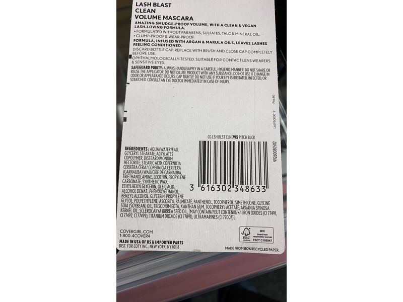 Covergirl Lash Blast Clean Volume Mascara, Pitch Black 795, 0.44 fl oz/13.1 mL