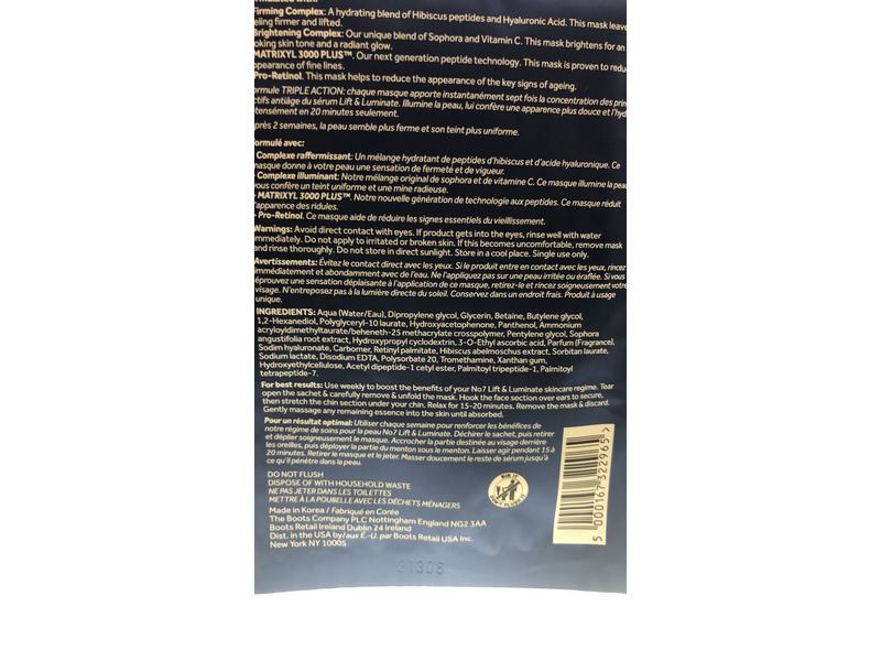 No7 Lift & Luminate Serum Boost Sheet Mask, Triple Action, 0.73 oz/20.75 g