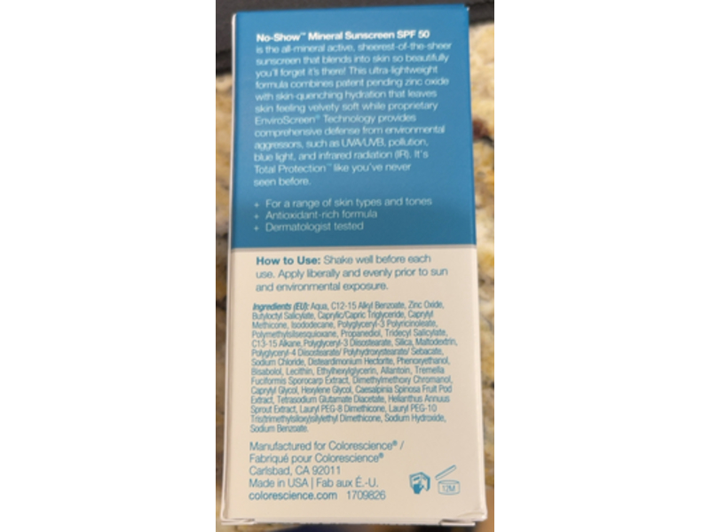Colorescience Total Protection No-Show Mineral Sunscreen, SPF 50, 1.7 fl oz/50 mL
