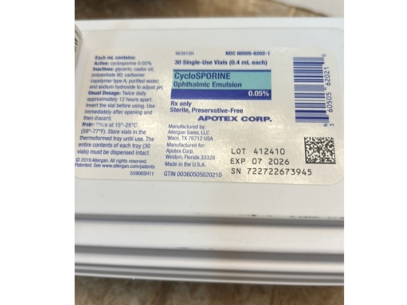 Cyclosporine Ophthalmic Emulsion 0.05%, 0.4 ml vials, Apotex Corp. (Rx)