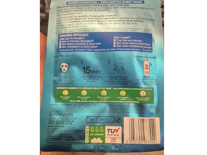 Garnier Skin Active Hydra Bomb Sheet Mask, Hyaluronic Acid, 28 g