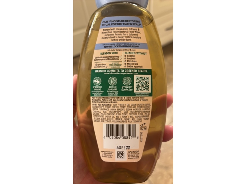 Garnier Whole Blends Moisture Restoring Shampoo, Honey Water, 12.9 fl oz/370 mL