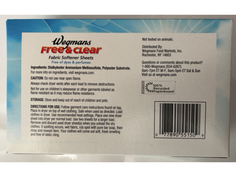 Wegmans Fabric Softener Sheets, Free & Clear, 80 Count