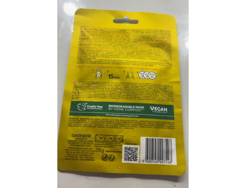 Garnier Skin Active Brightening + Glow Boosting Serum Mask, Vitamin C + Niacinamide & Glycerin, 28 g