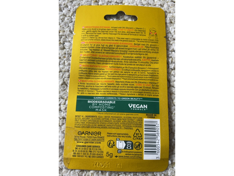 Garnier SkinActive Brightening & Glow Boosting Eye Mask, Vitamin C, 5 g, 1 Pair