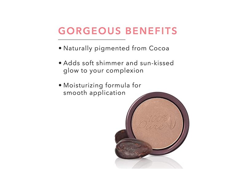 100% PURE Cocoa Pigmented Bronzer, Cocoa Kissed, Bronzer Powder for Face, Contour Makeup, Soft Shimmer, Sun Kissed Glow (Medium Brown w/Neutral Undertones) - 0.32 Oz