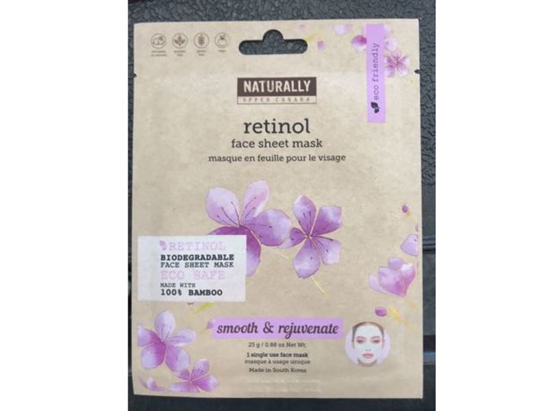 Naturally Upper Canada Smooth & Rejuvenate Face Sheet Mask, Retinol, 0.88 oz/25 g, Pack Of 5
