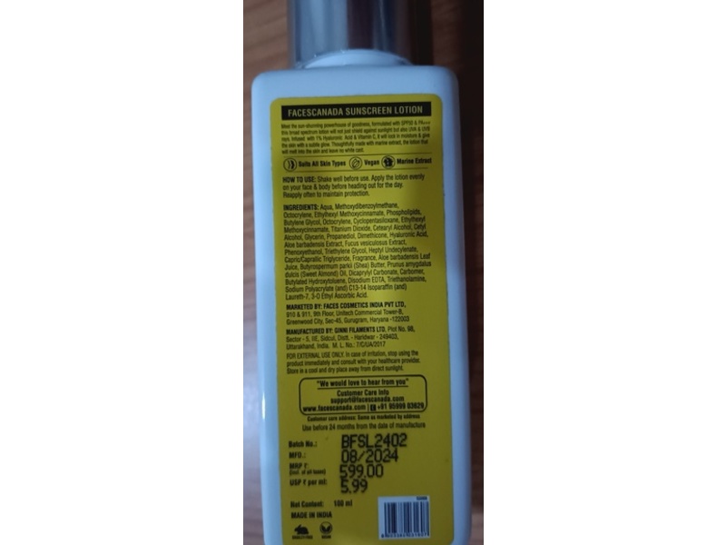 FacesCanada Sunscreen Lotion, SPF 50+ PA+++, 100 mL