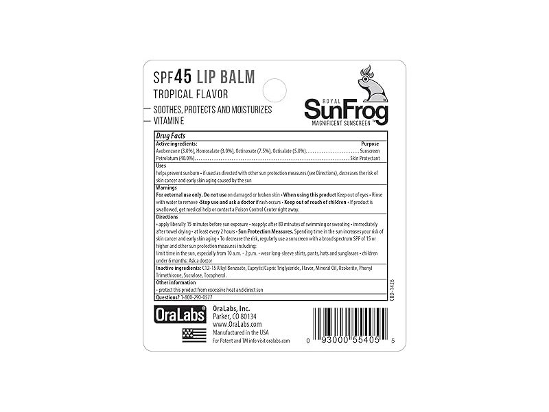 Royal Sunfrog Magnificent Sunscreen Lip Balm, Tropical Flavour, SPF 45, 0.15 fl oz/4.25 g, Pack Of 2