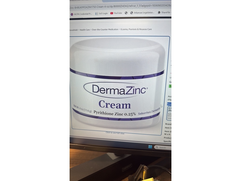 DermaZinc Cream, Pyrithione Zinc 0.25%, 4 oz/114 g