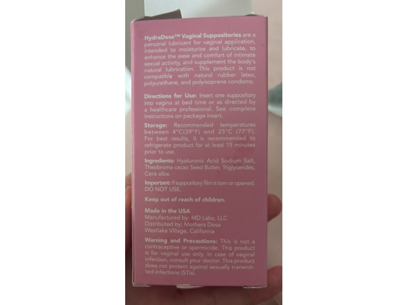 Mother's Dose Hydradose Vaginal Moisturizer Suppository, Hyaluronic Acid + Sodium Salt, 2 g, 10 Count