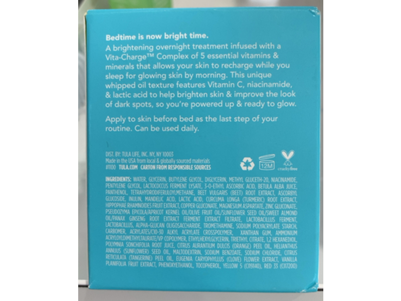 Tula Skin Care Bedtime Bright Vita-Charge Overnight Brightening Treatment, 1.7 fl oz/50 mL