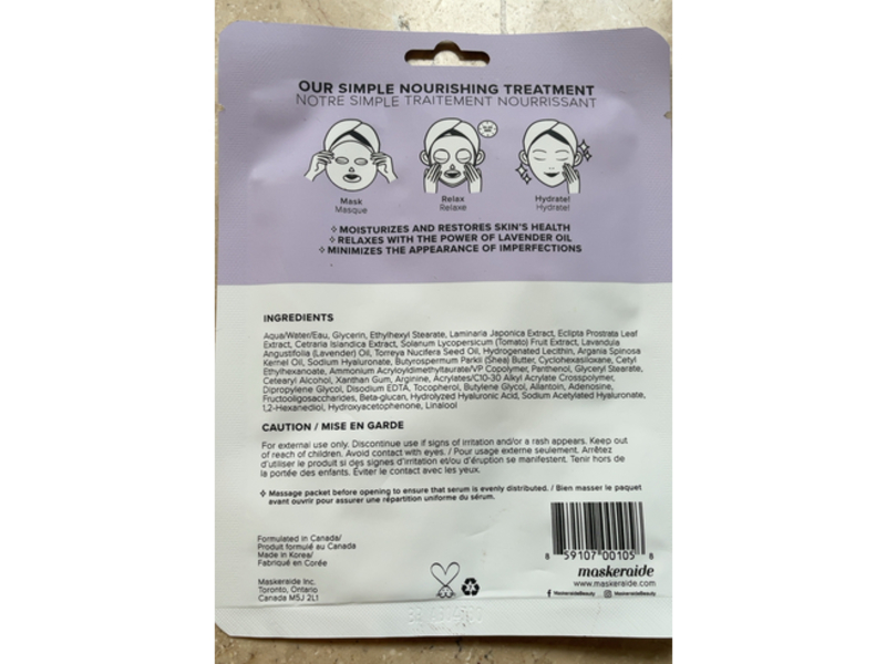 Maskerside Nourishing Sheet Mask, Lavender Oil + Hyaluronic Acid & Shea Butter, 0.9 oz/25 g, Pack Of 5