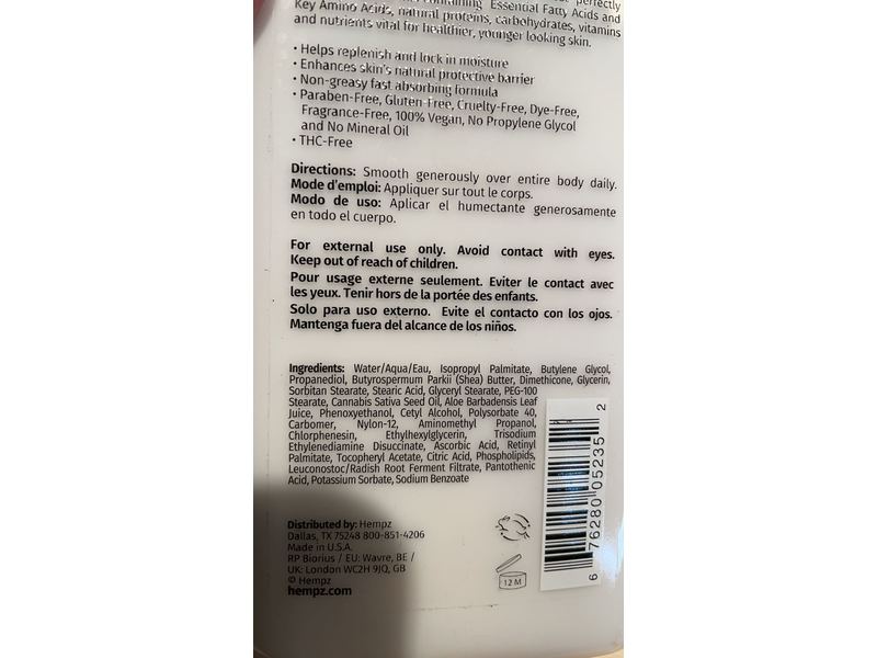 Hempz Herbal Body Moisturizer, Ultimate Hydration, Fragrance Free, Hemp Seed Oil, 17 fl oz/500 mL