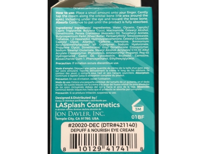 Skincare Depuff & Nourish Eye Cream, Avocado Oil, Shea Butter & Vitamin E, 0.28 oz/8 g