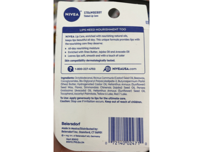 Nivea All Day Nourishing Moisture Strawberry Tinted Lip Care, Avocado & Jojoba, 0.17 oz/4.8 g, Pack Of 2