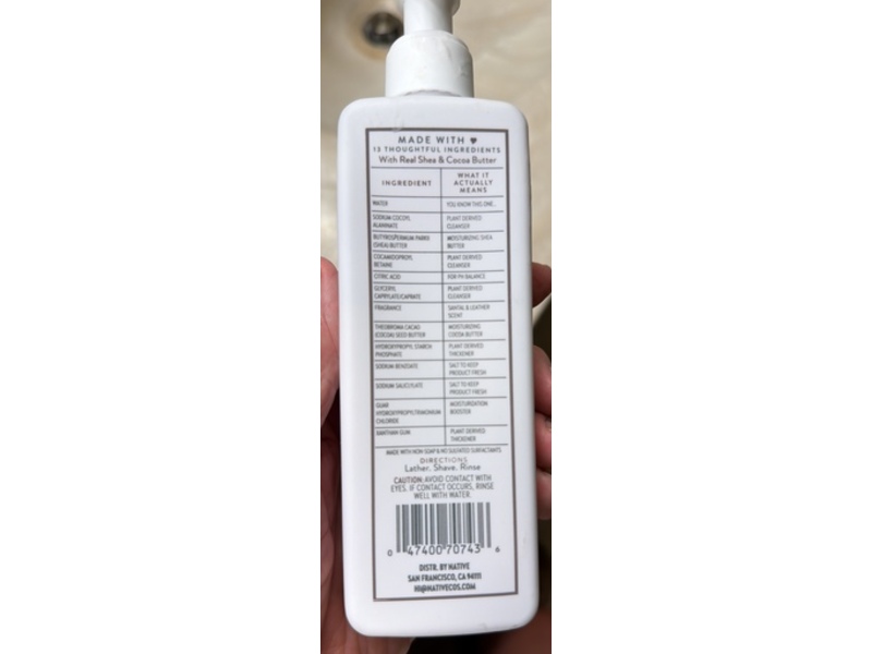 Native Whole Body Shave Cream, Santal & Leather, 7.6 fl oz/224.8 mL
