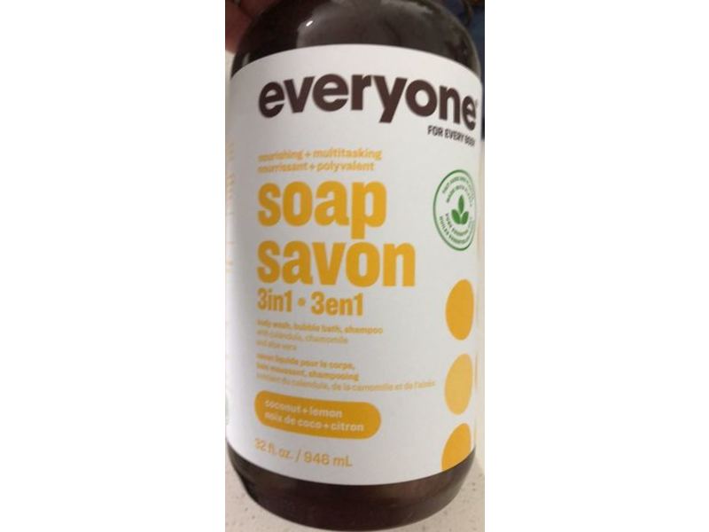 Everyon Soap Savon 3 In 1 Body Wash, Bubble Bath, Shampoo, Coconut +Lemon, 32 fl oz/946 mL