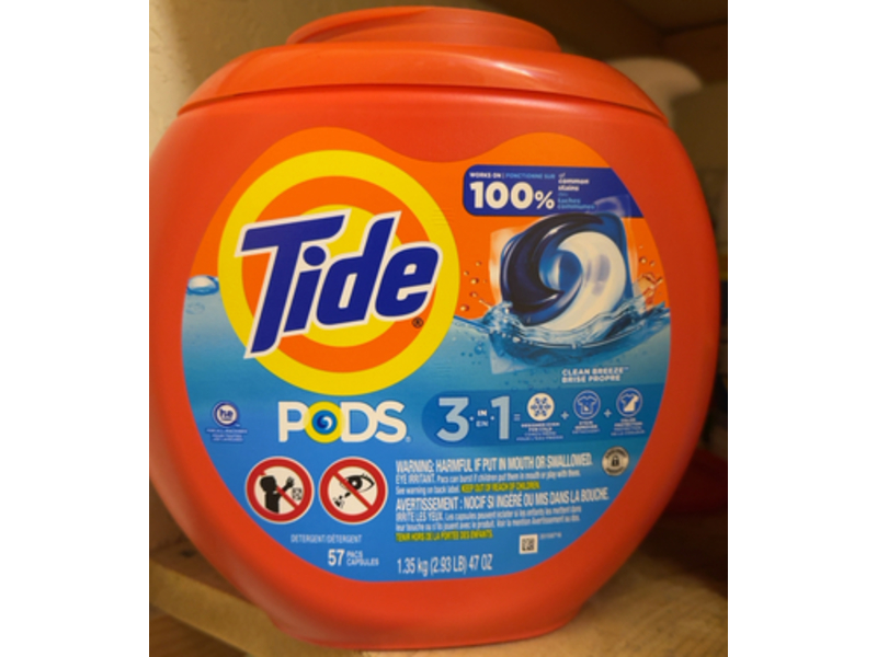 Tide 3 In 1 Laundry Detergent Pods, Clean Breeze, 47 fl oz/1.35 kg, 57 Pacs