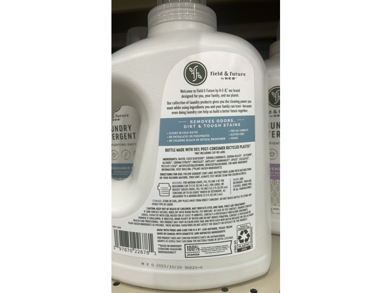 Heb Field & Future Laundry Detergent, Fragrance Free, 66 Loads, 100 fl oz/2.9 L