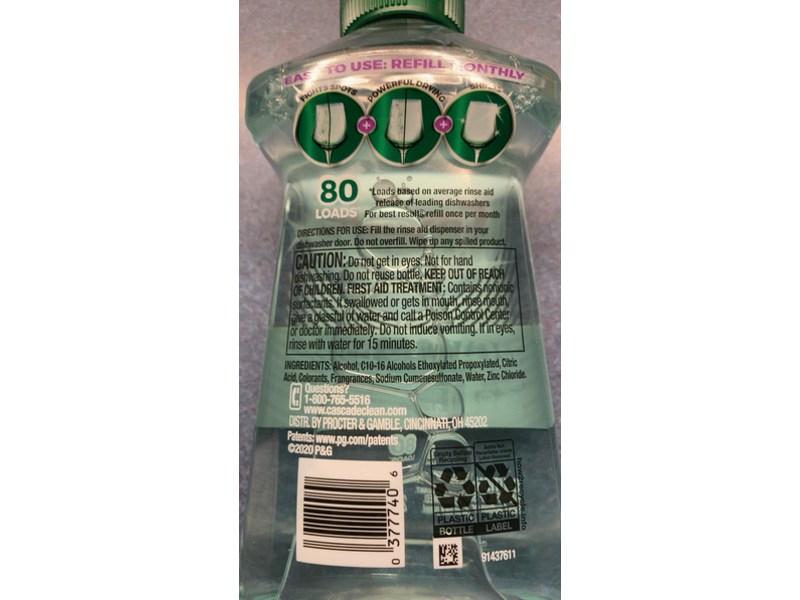 Cascade Rinse Aid Agent Dishwasher Detergent, Power Dry, 80 Loads, 8.45 fl oz/250 mL